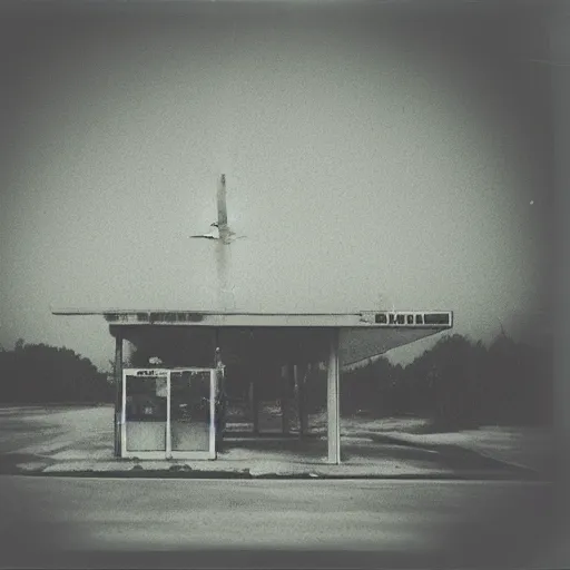 Prompt: polaroid abandoned gas station, dark moody, foggy, scary