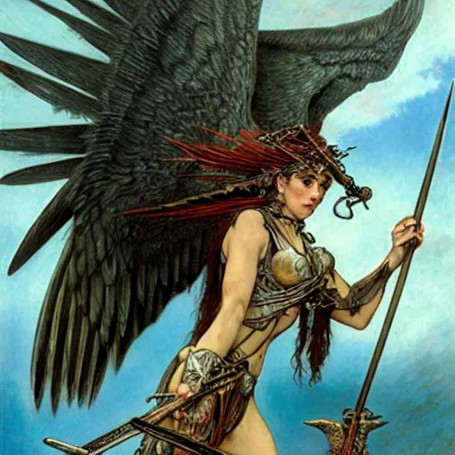 Image similar to a flying harpy with huge eagle wings impaled by a dozen arrows, d & d, fantasy, luis royo, magali villeneuve, donato giancola, wlop, krenz cushart, hans zatka, klimt, alphonse mucha