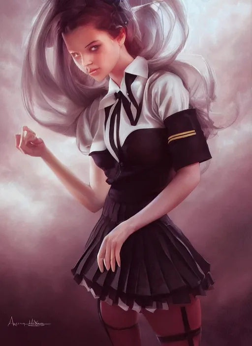 Image similar to a beautiful woman with school uniform, seifuku, pleated miniskirt, overknee socks, adriana lima, painted by artgerm and tom bagshaw, fantasy art, dramatic lighting, highly detailed oil painting, volumetric lighting