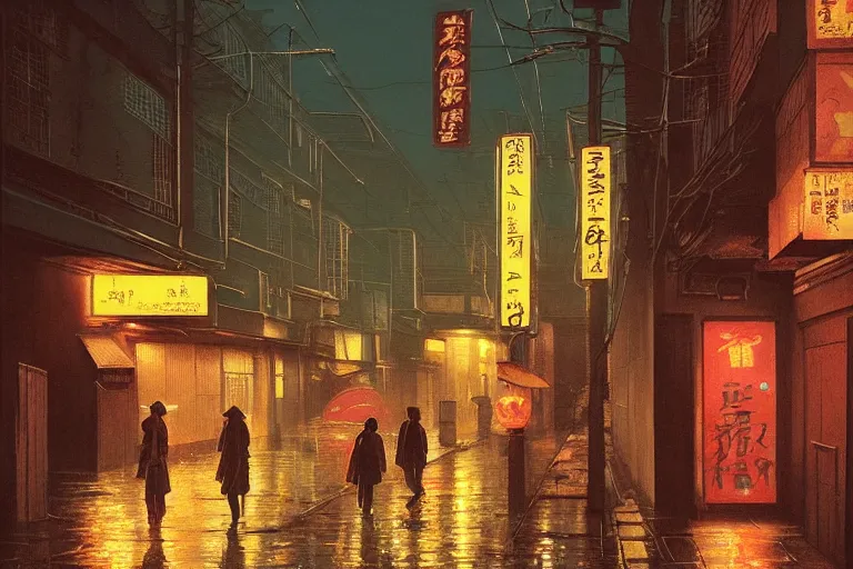 Prompt: a painting of a rain soaked back street in osaka at dusk, neon lights, dark figures walking, digital art, trending on artstation, by studio ghibli and greg rutkowski. zdzisław beksinski!!!!! spirited away. trending on artstation, hyperrealism, unreal engine