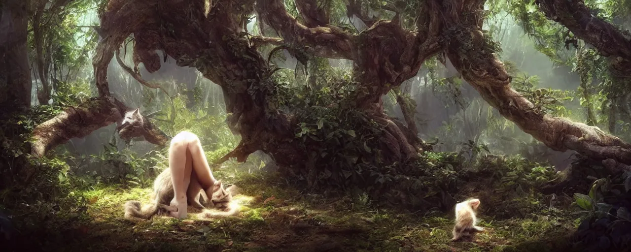 Prompt: a giant leaning down trying to pet a kitten with a magical forest background, beautiful dynamic lighting, cinematic, wide angle establishing shot, extremely high detail, photo realistic, cinematic lighting, post processed, concept art, artstation, matte painting, style by Anne-Louis Girodet , unreal engine 8k