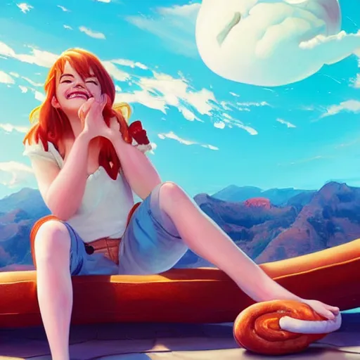 Image similar to emma stone smiling to see flying big italian sausages by concept artist gervasio canda, behance hd by jesper ejsing, by rhads, makoto shinkai and lois van baarle, ilya kuvshinov, rossdraws global illumination radiating a glowing aura global illumination ray tracing hdr render in unreal engine 5