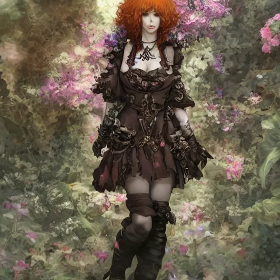 Image similar to goth christina hendricks with flowers in her hand, tankoban, 4 k, tone mapping, akihiko yoshida, james jean andrei riabovitchev marc simonetti, yoshitaka amano, long hair, curly, h. hydrochaeri