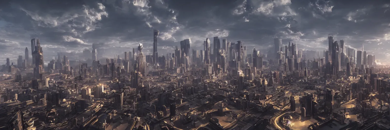 Image similar to majestic futuristic city of angels, epic scale, dramatic buildings, cinematic sky, 8 k, unreal engine 5