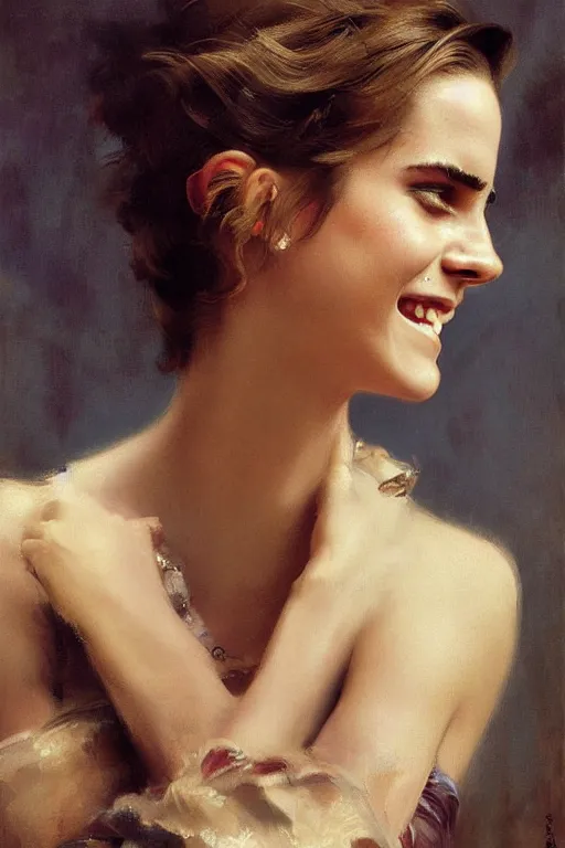 Image similar to emma watson smiling laughing gathered faille v - neck smiling detailed portrait painting by gaston bussiere craig mullins j. c. leyendecker photograph by richard avedon peter lindbergh