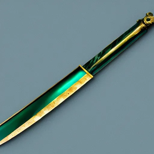 Image similar to photograph of a large green and teal crystal sword with a gold sword hilt