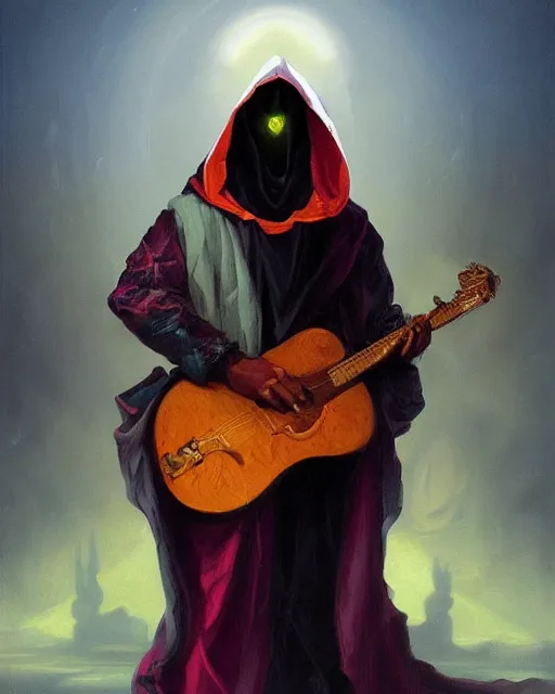 Image similar to colorful baroque portrait of a shadowy man wearing a hooded cloak, playing a guitar, gallery art by peter mohrbacher, artstation, artgate