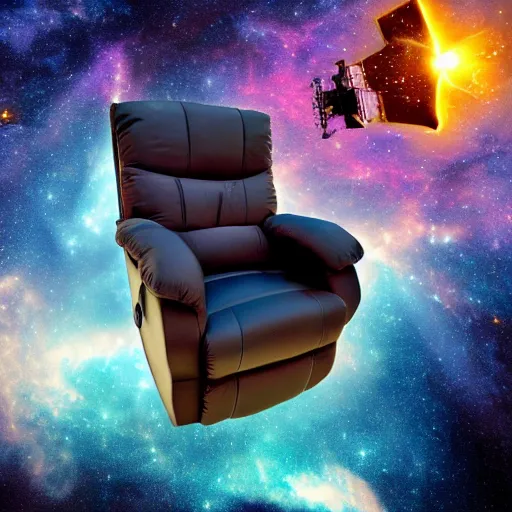 Image similar to recliner chair floating in space, space galaxy background, dramatic lighting, nebula, james webb telescope images