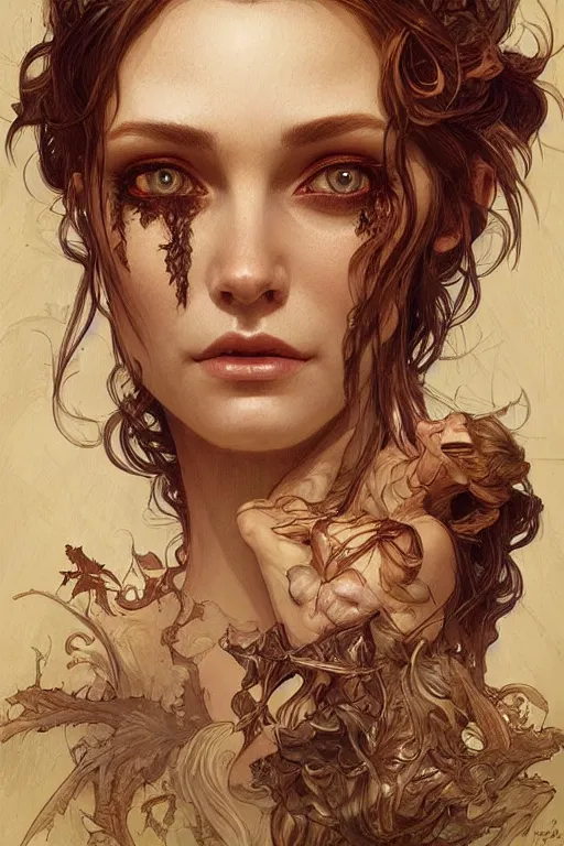 Prompt: up close portrait of a wood fae, d & d, face, fantasy, intricate, elegant, highly detailed, digital painting, artstation, concept art, smooth, sharp focus, illustration, art by artgerm and greg rutkowski and alphonse mucha