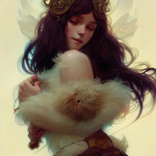 Image similar to Cuddly fuzzy fluffy, fantasy, intricate, elegant, highly detailed, digital painting, artstation, concept art, smooth, sharp focus, illustration, art by Krenz Cushart and Artem Demura and alphonse mucha