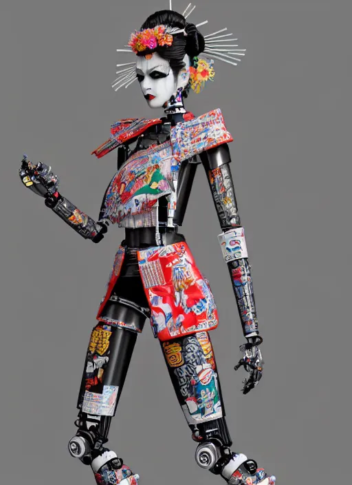 Image similar to full body photo of a punk geisha robot with kanji tattoos and decals wearing a digital pixelated kimono, intricate design, photo - realistic, octane render, ultra fine detailed, character design, trending on artstation