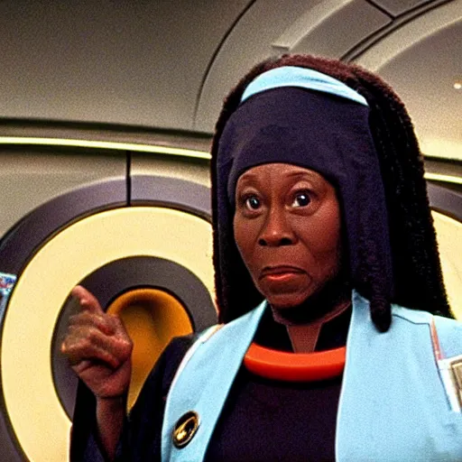 Image similar to guinan from star trek wearing random kitchen tools on her head on the starship enterprise, played by a young whoopi goldberg