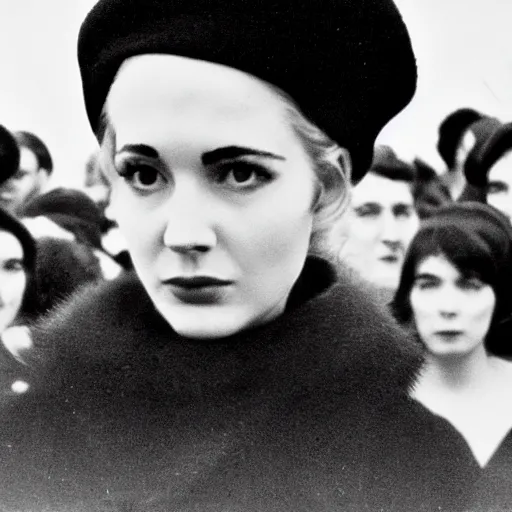 Prompt: still from a masterpiece 1 9 6 0 s french art film, beautiful girl in beret with large eyebrows sits in the far background with an angry expression, moody lighting, viewed from afar, cinematic shot, the camera is focused on a crowd of people