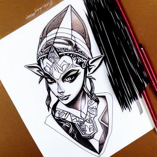 Image similar to tattoo design, stencil, portrait of princess zelda by artgerm, symmetrical face, beautiful, triforce