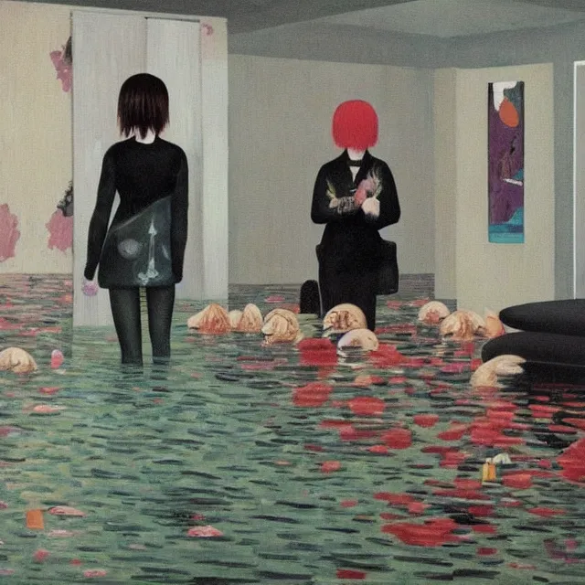 Image similar to tall female emo artists in their flooded apartment, painting of flood waters inside an artist's home, a river flooding indoors, pomegranates, pigs, ikebana, zen, water, octopus, river, rapids, waterfall, black swans, canoe, berries, acrylic on canvas, surrealist, by magritte and monet