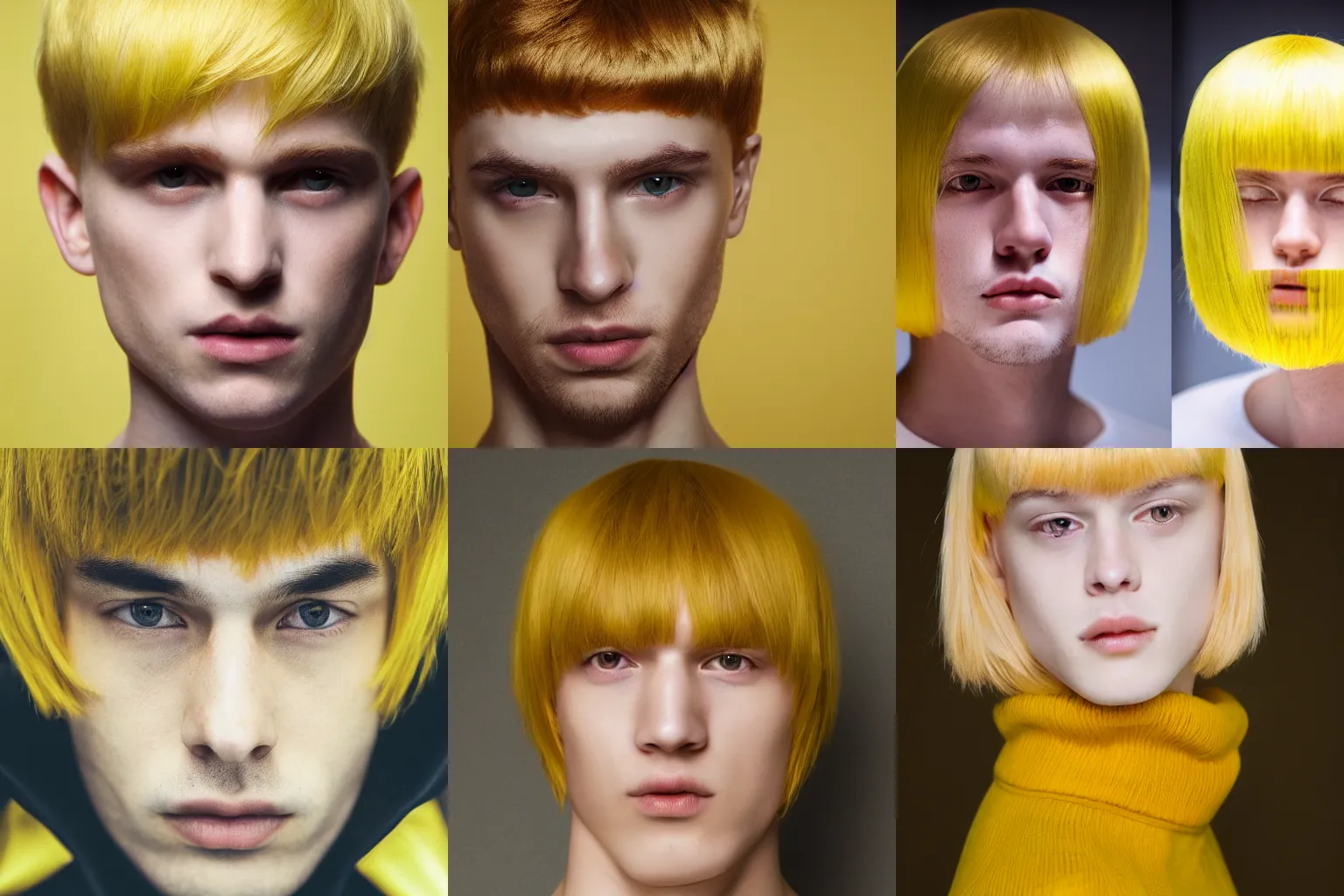 Prompt: Pale white skin man with brilliantly golden yellow bowlcut portrait 4k