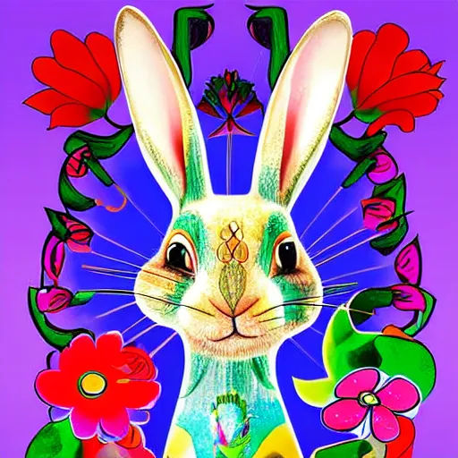 Image similar to The body art is a beautiful and playful work that perfectly encapsulates the artist's unique style. The body art features a rabbit made out of ceramic, which is surrounded by brightly colored flowers. The work is both charming and sophisticated, and it is sure to bring a smile to any viewer's face. vector art by David LaChapelle ultradetailed, random