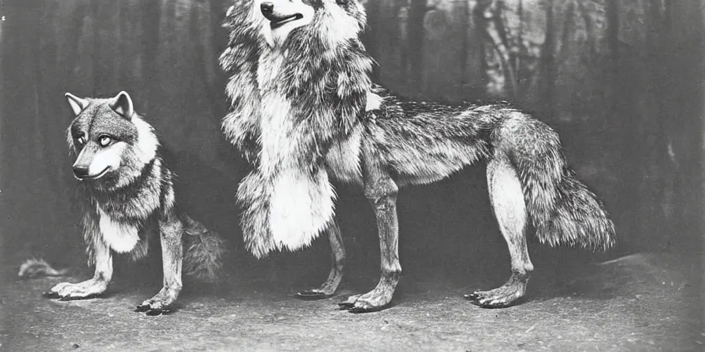 Image similar to anthropomorphic furry wolf at the worlds fair, 1900s photograph