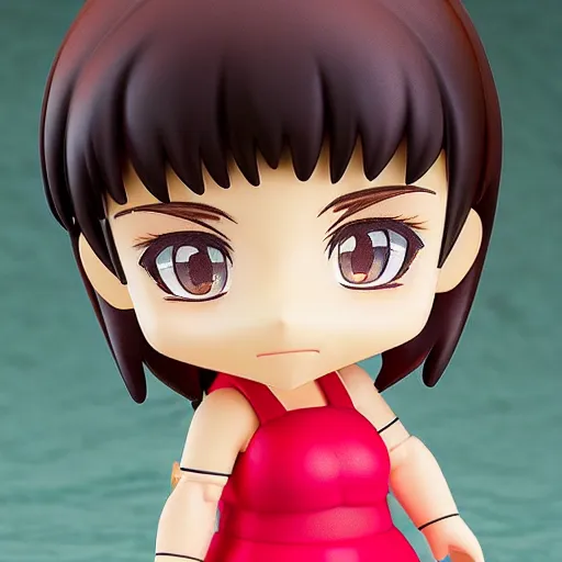 Image similar to nendoroid of a white girl with brown short hair, brown eyes, thick eyebrows