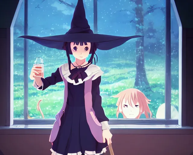 Image similar to anime visual, portrait of a young female traveler wearing a witch hat in a alchemist's potion shop interior, cute face by yoh yoshinari, katsura masakazu, cinematic luts, dynamic pose, dynamic perspective, strong silhouette, anime cels, ilya kuvshinov, crisp and sharp, rounded eyes, moody, cool colors