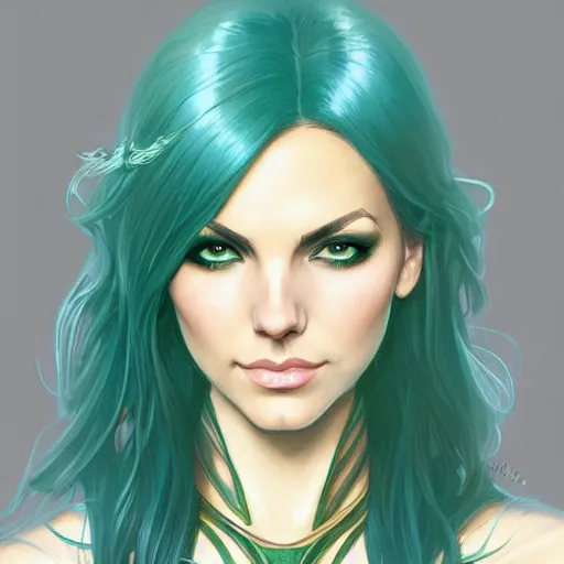 Prompt: Victoria Justice with teal hair and green eyes as Emma Frost, western, D&D, fantasy, intricate, elegant, highly detailed, digital painting, artstation, concept art, matte, sharp focus, illustration, art by Artgerm and Greg Rutkowski and Alphonse Mucha