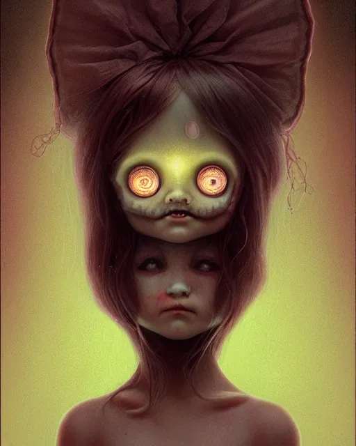 Image similar to one singular portrait of a cute bioluminescent creepy doll, post grunge, highly detailed, digital painting, cinematic, hyper realism, dark retrowave, art by mark ryden and pixar and artgerm and magali villeneuve and alphonse mucha, artstation, octane render, cgsociety