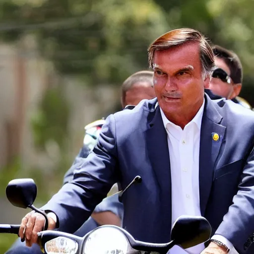 Prompt: chad president jair messias bolsonaro, riding a motorcicle with explosions on the background