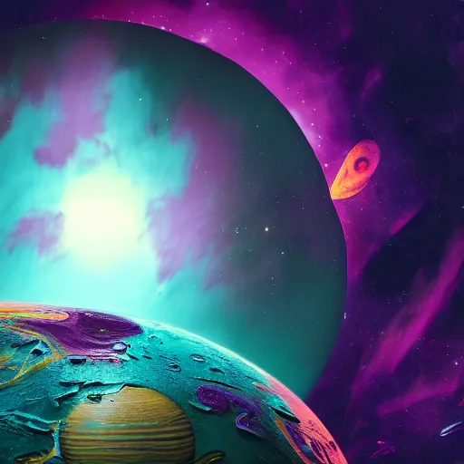 Image similar to a detailed matte painting of a marble - like water planet orbiting a large purple sun in a sea of stars surrounded by colorful swirling gas clouds, by alena aenami, petros afshar and greg rutkowski trending on artstation, deviantart, planet, clouds, earth, exoplanet, stars, nubulae hubble, 8 k, 4 k