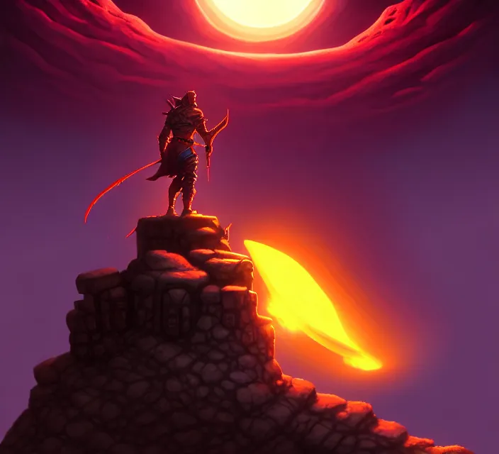 Prompt: subsurface scattering, a dune raider stands atop a ruined monument, brom's amazing d & d dark sun art, digital painting by brom, vibrant, brom, the horizon has an eclipse with a burning corona, intricate details, beautiful, volumetric lighting, ultrarealistic, cgsociety, artstation, by brom, 8 k