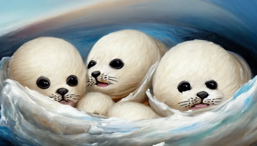 Image similar to highly detailed painting of cute furry white baby seals cuddling up in a big pile of whippy ice cream by william turner, thick brush strokes and visible paint layers, 4 k resolution