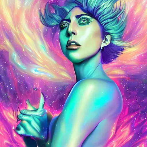 Prompt: lady gaga, galaxies and nebula flowing out of his body, artgerm, psychedelic floral planets, studio ghibli painterly style, trending on artstation