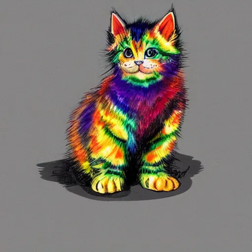 Image similar to wide angle full body, of a fluffy cute rainbow kitten wearing a black leather motorcycle jacket, concept art