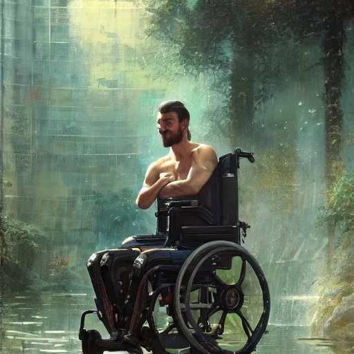 Image similar to handsome portrait of a wheelchair guy fitness posing, radiant light, caustics, war hero, smooth, one legged amputee, reflective water koi pond, ghost in the shell, lush garden surroundings, by gaston bussiere, bayard wu, greg rutkowski, giger, maxim verehin