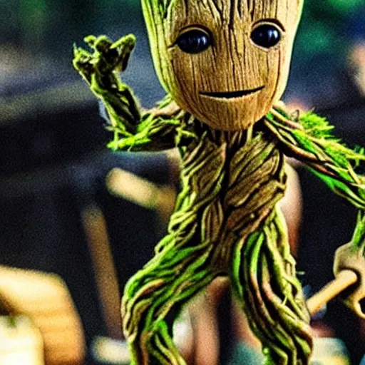 Prompt: groot playing guitar at woodstock
