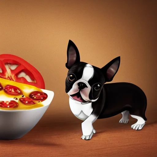 Prompt: boston terrier with a beard eating tomato's with cheese, photorealistic, high detail, 8 k resolution