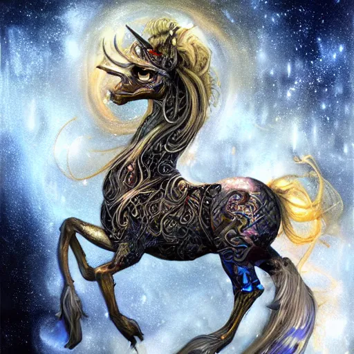 Image similar to a wlop 3 d render of very very very very highly detailed beautiful mystic portrait of a phantom undead golden unicorn with whirling galaxy around, tattoos by anton pieck, intricate, extremely detailed, digital painting, artstation, concept art, smooth, sharp focus, illustration, intimidating lighting, incredible art,