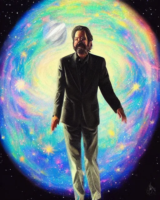 Prompt: alan watts floating in the universe portrait painting highly detailed procreate, featured on artstation