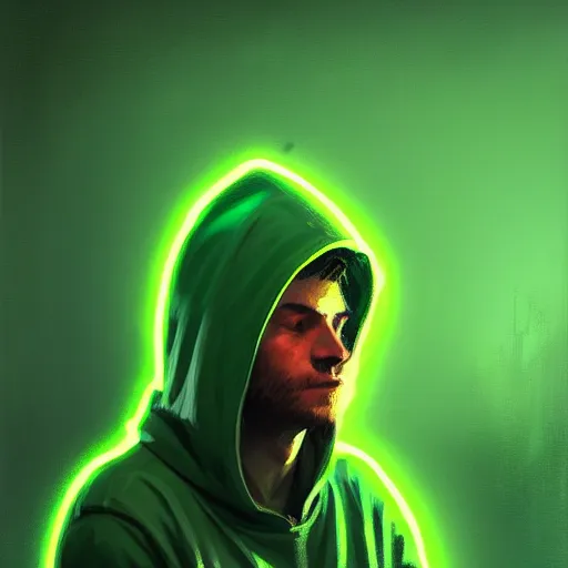 Image similar to portrait of a programmer with green hood by greg rutkowski, neon light