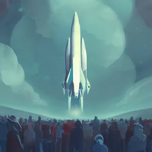 Image similar to thousands of people next to a big spaceship, sad color palette, artstation