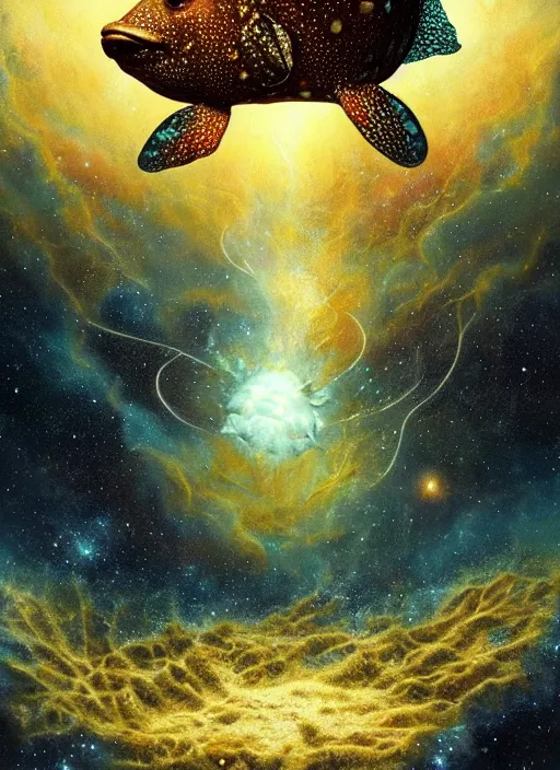 Prompt: an enormous boxfish floating through the cosmos, cosmic horror painting, elegant intricate digital painting artstation concept art by mark brooks and brad kunkle detailed