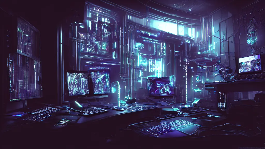 Prompt: a cyberpunk overpowered computer. Overclocking, watercooling, custom computer, cyber, mat black metal, alienware, futuristic design, Beautiful dramatic dark moody tones and lighting, Ultra realistic details, cinematic atmosphere, studio lighting, shadows, dark background, dimmed lights, industrial architecture, Octane render, realistic 3D, photorealistic rendering, 8K, 4K, computer setup, highly detailed, desktop computer, desk, table, ikea