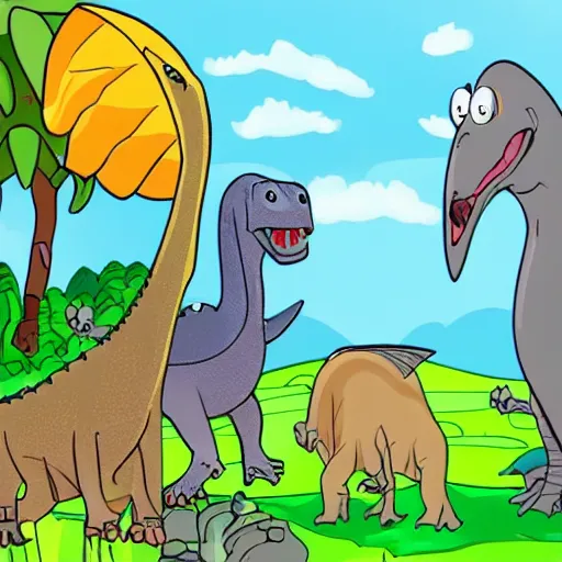 Prompt: A place full of land dinosaurs, along with flying dinosaurs and sea dinosaurs, 2D animation, 2D art, kids artwork