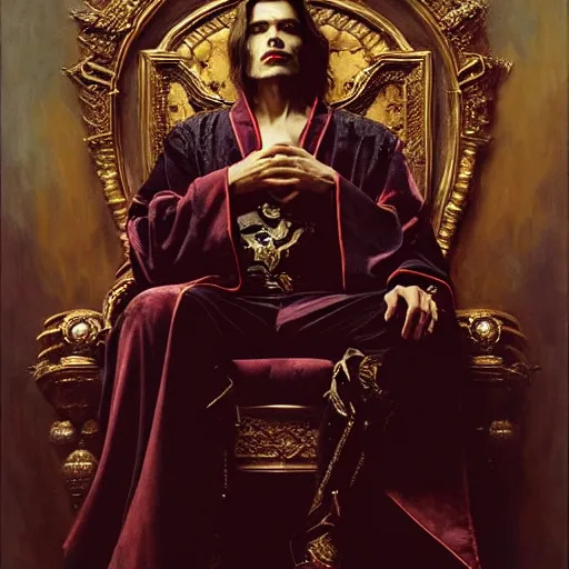 Image similar to perfectly centered portrait of attractive vampire king in a robe sitting on a throne of bones, highly detailed painting by gaston bussiere, craig mullins, j. c. leyendecker, 8 k