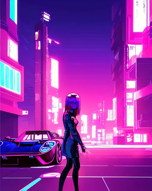 Image similar to digital illustration of cyberpunk pretty girl with pink hair, standing by a blue ford gt in a street at night, under streetlights, by makoto shinkai, ilya kuvshinov, lois van baarle, rossdraws, basquiat