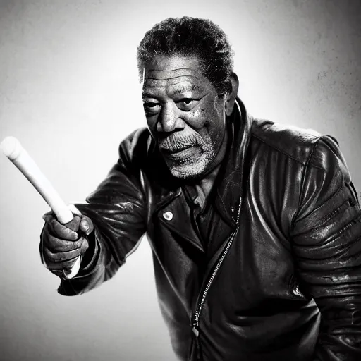 Image similar to photo of Morgan Freeman dressed as Negan, mischievous look with his barbed baseball bat Lucille on his shoulder, in the style of George Hurrell, white fog, octane render