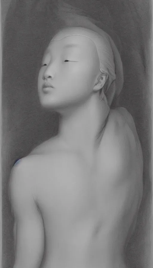 Prompt: model yoon young as the high priestess, by roberto ferri, black and white graphite drawing, smooth render, 3 / 4 view