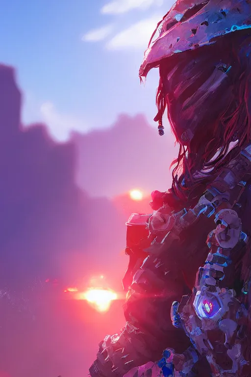 Image similar to combination suit armor aloy horizon forbidden west horizon zero dawn radiating a glowing aura global illumination ray tracing hdr fanart arstation by ian pesty and alena aenami artworks in 4 k tribal robot ninja mask helmet backpack