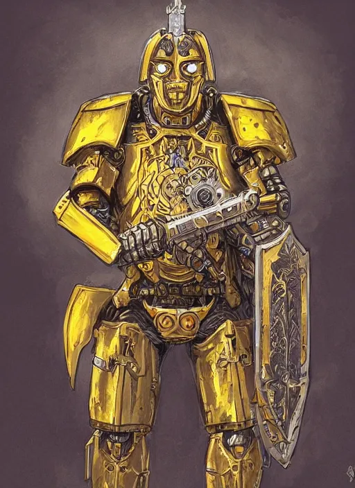 Image similar to dynamic portrait of a intricate glorious holy mechanical warforged character in yellow armor holding a paladin engraved great longsword and carrying a big paladin shield, spotlight from face , epic , trending on ArtStation, cinematic lighting, by Jesper Ejsing and by Philippe Druillet