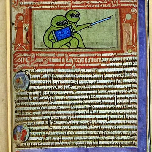 Prompt: page from a 1 4 th century monk's manuscript illustrating an epic battle between r 2 d 2 and!! pepe the frog!!