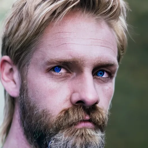 Image similar to close up of face of 4 0 year old anglo slavic blond man with a trimmed blond beard, short wavy blond hair, sapphire blue eyes, portrait, 4 k